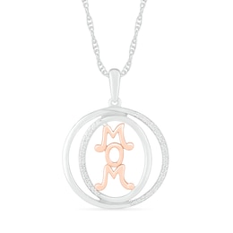 1/10 CT. T.W. Diamond Linear &quot;MOM&quot; Open Circle Pendant in Sterling Silver and 10K Rose Gold