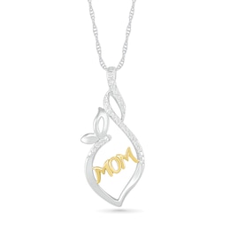 1/15 CT. T.W. Diamond Open Flame &quot;MOM&quot; with Butterfly Pendant in Sterling Silver and 14K Gold Plate