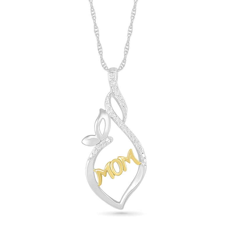 Main Image 1 of 1/15 CT. T.W. Diamond Open Flame &quot;MOM&quot; with Butterfly Pendant in Sterling Silver and 14K Gold Plate