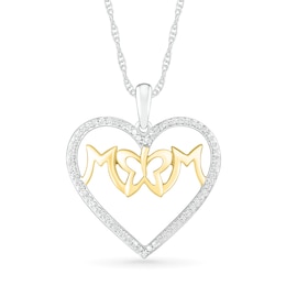 1/6 CT. T.W. Diamond &quot;MOM&quot; with Butterfly Heart Pendant in Sterling Silver and 14K Gold Plate