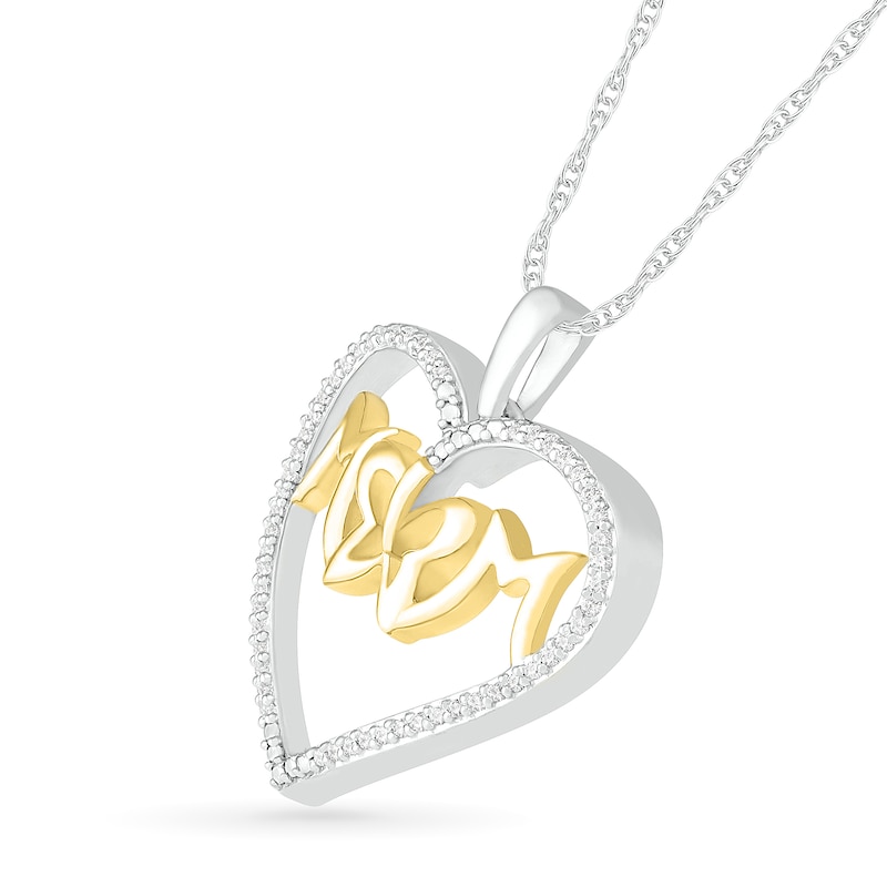 Main Image 2 of 1/6 CT. T.W. Diamond &quot;MOM&quot; with Butterfly Heart Pendant in Sterling Silver and 14K Gold Plate