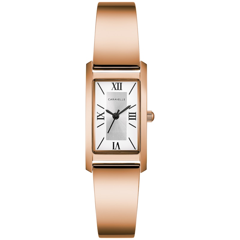 Ladies' Caravelle by Bulova Rose-Tone Bangle Watch with Rectangular Silver-Tone and White Dial (Model: 44L264)