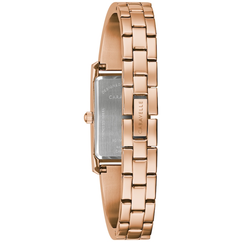 Ladies' Caravelle by Bulova Rose-Tone Bangle Watch with Rectangular Silver-Tone and White Dial (Model: 44L264)