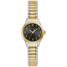 Ladies' Caravelle by Bulova Two-Tone Expansion Watch with Black Dial (Model: 45L185)