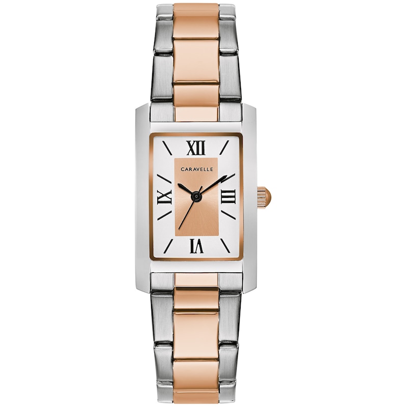 Main Image 1 of Ladies' Caravelle by Bulova Two-Tone Watch with Rectangular Rose-Tone and White Dial (Model: 45L187)