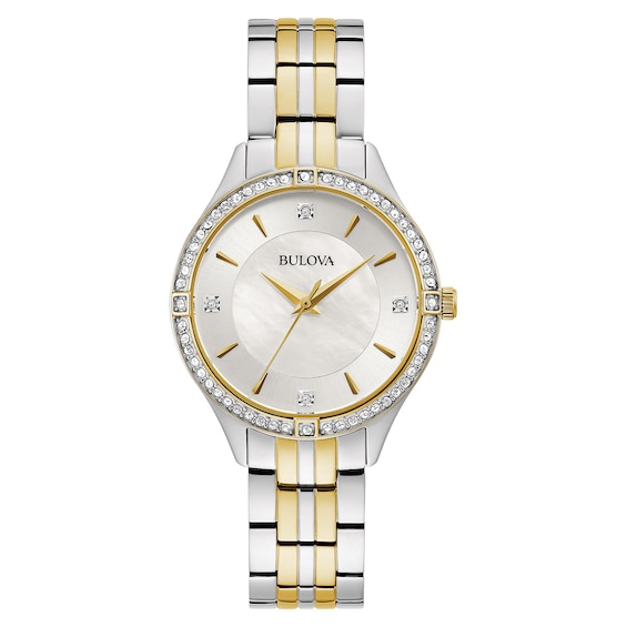 Ladies' Bulova Crystal Accent Two-Tone Watch With Mother-of-Pearl Dial (Model: 98L273)