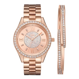 Ladies' JBW Mondrian 1/6 CT. T.W. Diamond And Crystal Accent 18K Rose Gold Plate Watch and Bangle Set (Model: J6303-SetC)