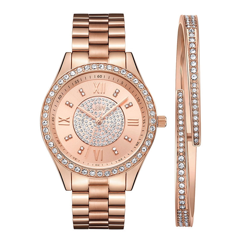 Ladies' JBW Mondrian 1/6 CT. T.W. Diamond And Crystal Accent 18K Rose Gold Plate Watch and Bangle Set (Model: J6303-SetC)