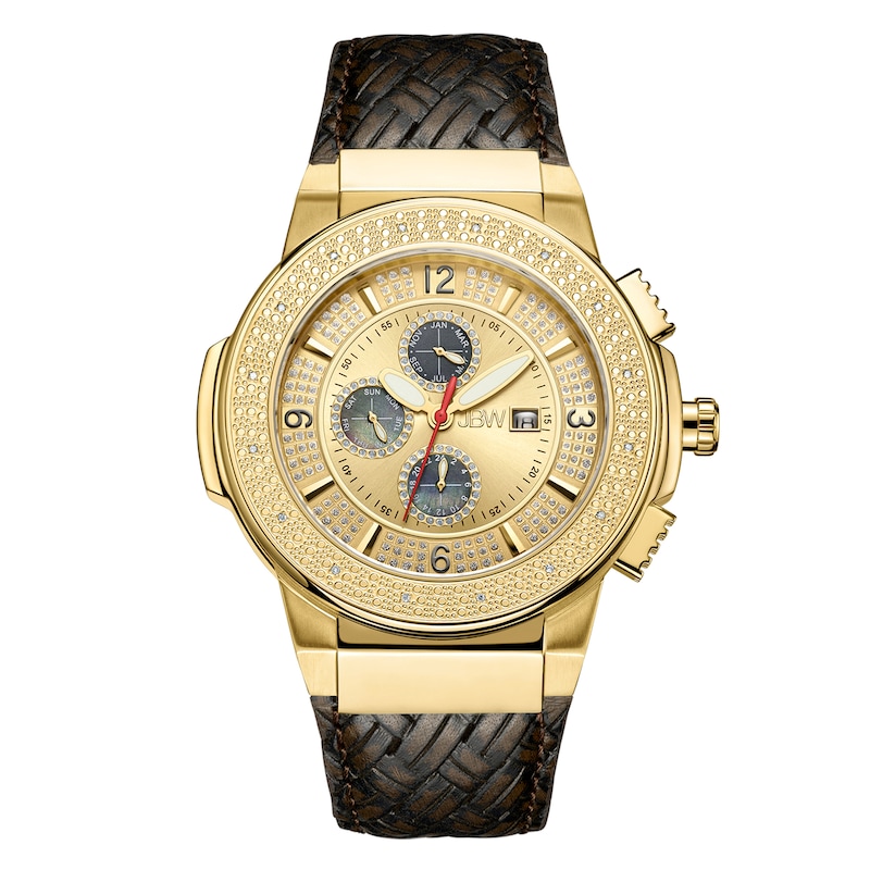 Main Image 1 of Men's JBW Saxon 1/6 CT. T.W. Diamond and Crystal Accent 18K Gold Plate Leather Strap Watch (Model: JB-6101L-E)