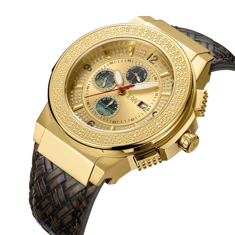 Main Image 2 of Men's JBW Saxon 1/6 CT. T.W. Diamond and Crystal Accent 18K Gold Plate Leather Strap Watch (Model: JB-6101L-E)