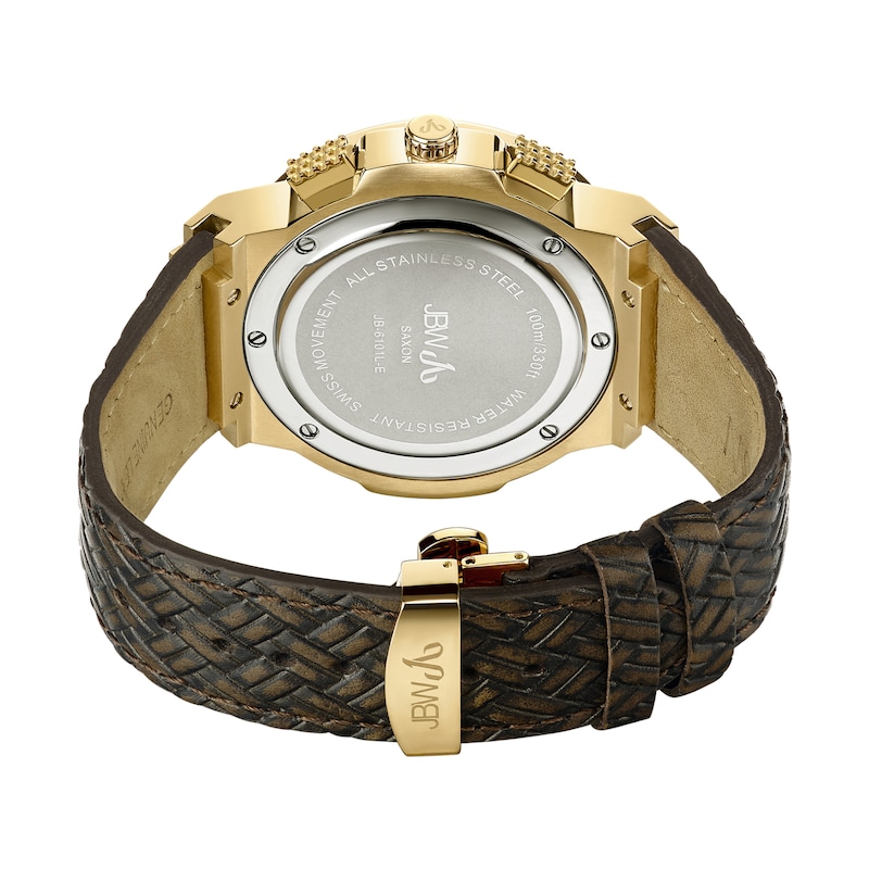 Main Image 3 of Men's JBW Saxon 1/6 CT. T.W. Diamond and Crystal Accent 18K Gold Plate Leather Strap Watch (Model: JB-6101L-E)