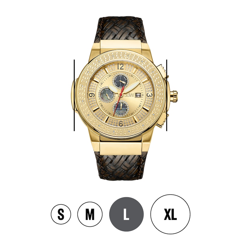 Main Image 4 of Men's JBW Saxon 1/6 CT. T.W. Diamond and Crystal Accent 18K Gold Plate Leather Strap Watch (Model: JB-6101L-E)