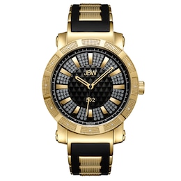 Men's JBW &quot;562&quot; 1/8 CT. T.W. Diamond and Crystal Accent 18K Gold Plate Strap Watch with Black Dial (Model: JB-6225-J)