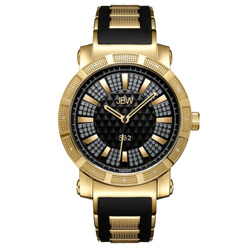 Men's JBW "562" 1/8 CT. T.W. Diamond and Crystal Accent 18K Gold Plate Strap Watch with Black Dial (Model: JB-6225-J)