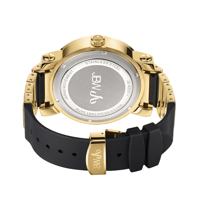 Men's JBW "562" 1/8 CT. T.W. Diamond and Crystal Accent 18K Gold Plate Strap Watch with Black Dial (Model: JB-6225-J)