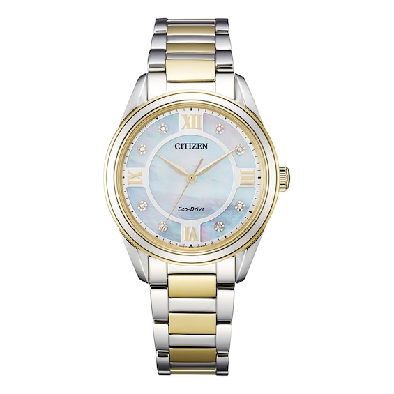 Ladies' Citizen Eco-DriveÂ® Arezzo Diamond Accent Two-Tone Watch With Mother-of-Pearl Dial (Model: EM0874-57D)