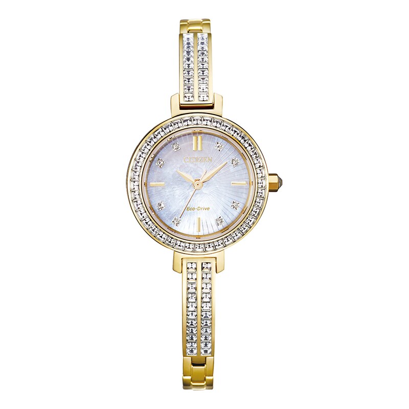 Main Image 1 of Ladies' Citizen Eco-Drive® Silhouette Crystal Gold-Tone Bangle Watch with Mother-of-Pearl Dial (Model: EM0862-56D)