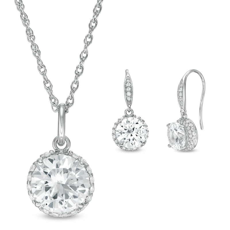 Main Image 1 of 8.0mm Lab-Created White Sapphire Halo Pendant and Drop Earrings Set in Sterling Silver