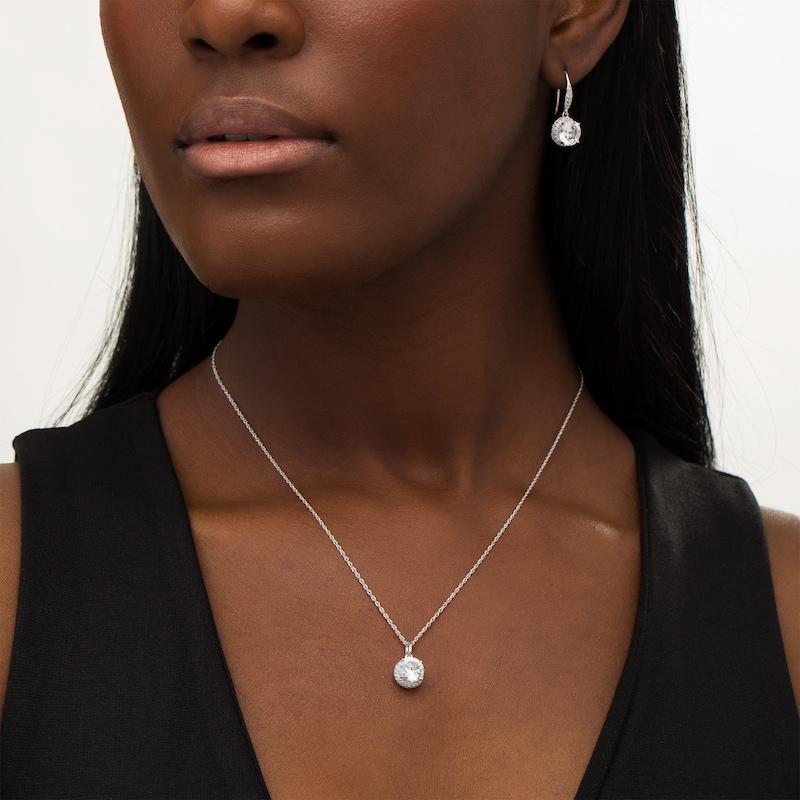 Main Image 2 of 8.0mm Lab-Created White Sapphire Halo Pendant and Drop Earrings Set in Sterling Silver