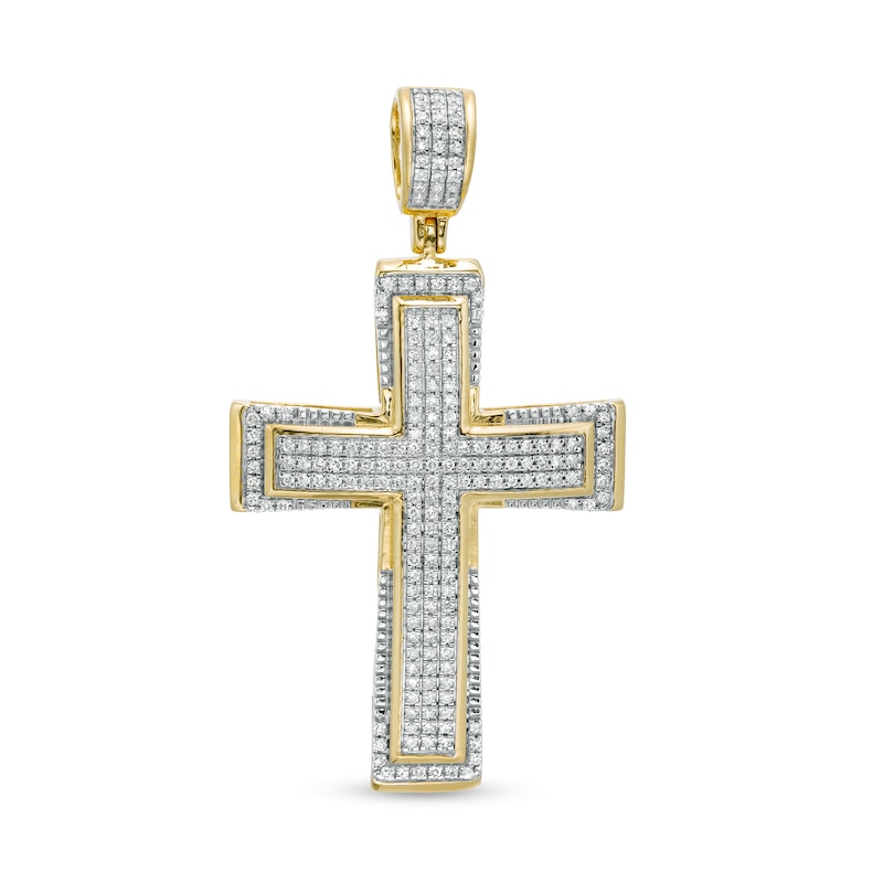 Main Image 1 of Men's 3/8 CT. T.W. Diamond Triple Row Layered Cross Necklace Charm in 10K Gold