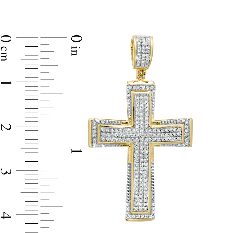 Main Image 2 of Men's 3/8 CT. T.W. Diamond Triple Row Layered Cross Necklace Charm in 10K Gold