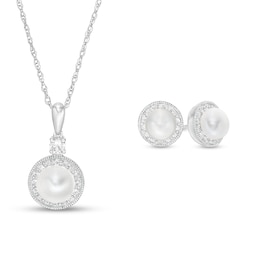 Freshwater Cultured Pearl and White Lab-Created Sapphire Frame Vintage-Style Pendant and Earrings Set in Sterling Silver