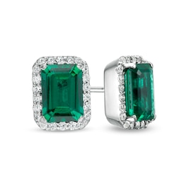 Emerald-Cut Lab-Created Emerald and White Sapphire Octagonal Frame Stud Earrings in Sterling Silver