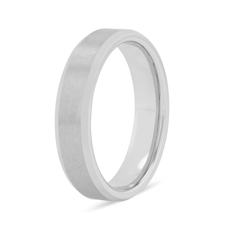 Main Image 3 of Men's 5.0mm Brushed Inlay Beveled Edge Comfort-Fit Engravable Wedding Band in White, Yellow or Rose Tungsten (1 Line)