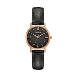 Ladies' Caravelle by Bulova Rose-Tone Strap Watch with Black Dial (Model: 44L260)
