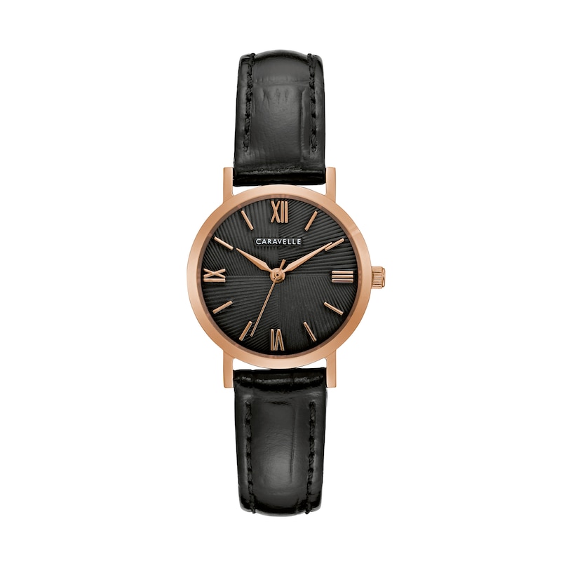 Main Image 1 of Ladies' Caravelle by Bulova Rose-Tone Strap Watch with Black Dial (Model: 44L260)