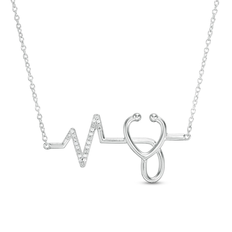Diamond Accent Heartbeat with Stethoscope Necklace in Sterling Silver ...