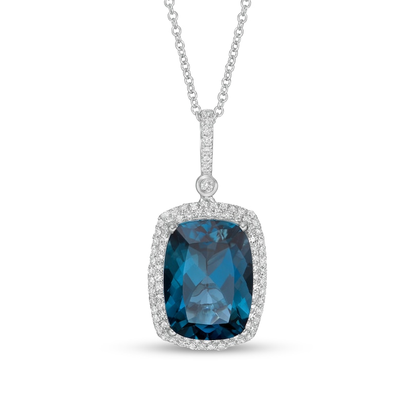 Main Image 1 of EFFY™ Collection Cushion-Cut London Blue Topaz and 1/3 CT. T.W. Diamond Frame Drop Pendant in 14K White Gold