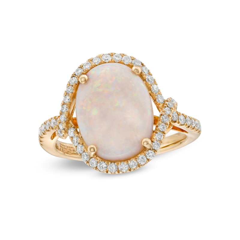 Main Image 1 of EFFY™ Collection Oval Opal and 3/8 CT. T.W. Diamond Twisted Loop Frame Ring in 14K Gold