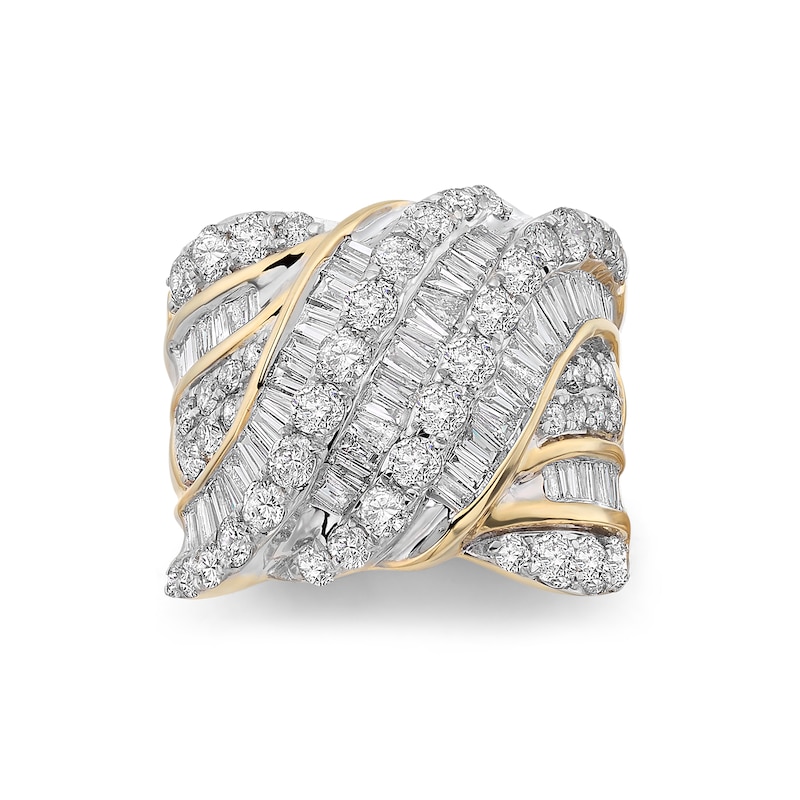 Main Image 1 of 3 CT. T.W. Baguette and Round Diamond Crossover Ring in 14K Gold