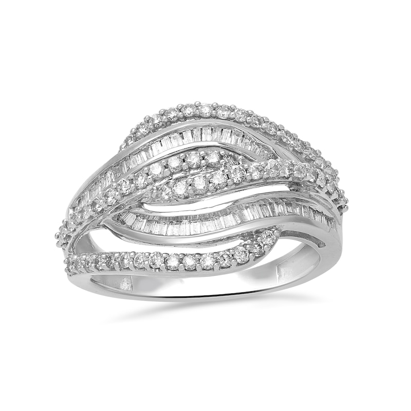 3/4 CT. T.W. Baguette and Round Diamond Multi-Row Bypass Ring in 10K ...