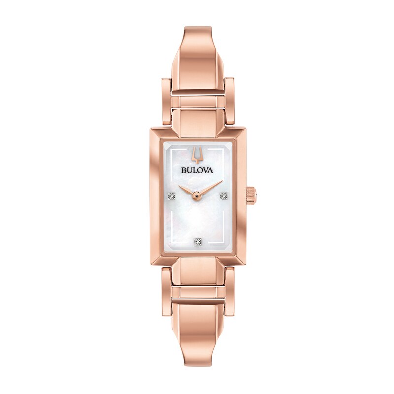 Main Image 1 of Ladies' Bulova Classic Diamond Accent Rose-Tone Bangle Watch with Rectangular Mother-of-Pearl Dial (Model: 97P142)