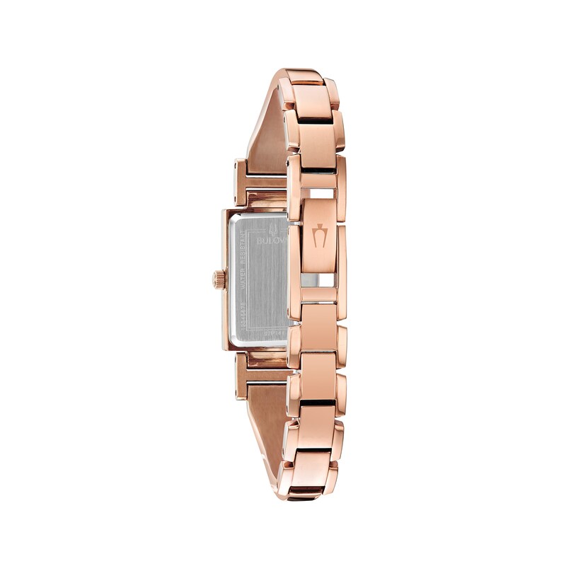 Main Image 3 of Ladies' Bulova Classic Diamond Accent Rose-Tone Bangle Watch with Rectangular Mother-of-Pearl Dial (Model: 97P142)