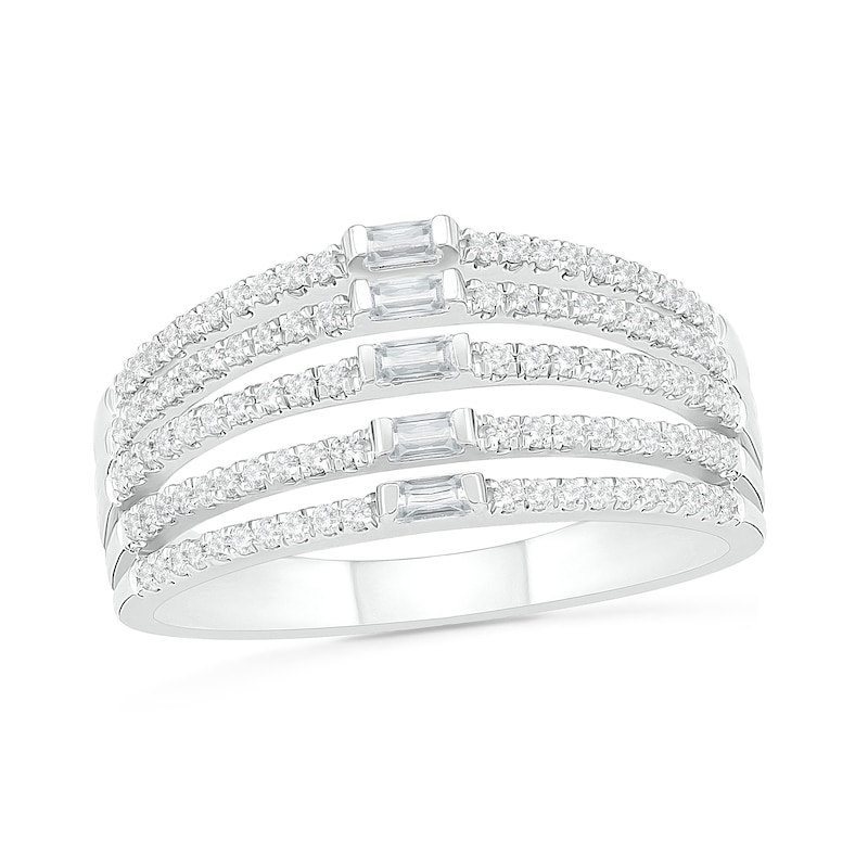 Main Image 1 of 1/2 CT. T.W. Baguette and Round Diamond Multi-Row Split Shank Ring in 10K White Gold