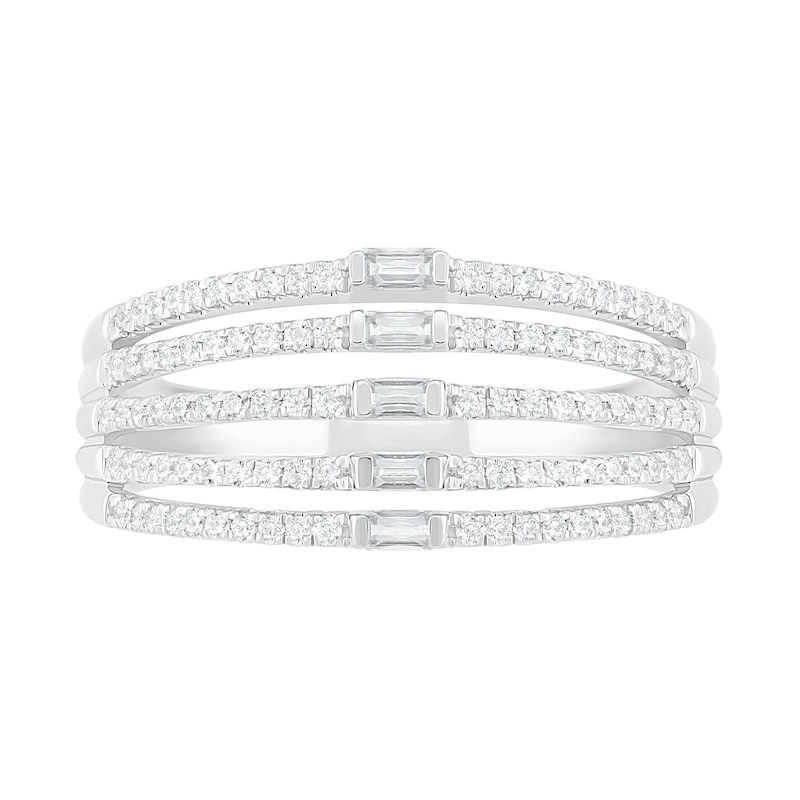 Main Image 3 of 1/2 CT. T.W. Baguette and Round Diamond Multi-Row Split Shank Ring in 10K White Gold