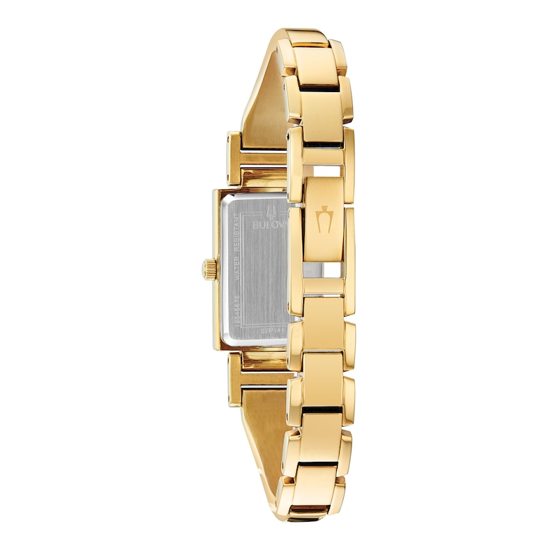 Ladies' Bulova Classic Diamond Accent Gold-Tone Bangle Watch with Rectangular Mother-of-Pearl Dial (Model: 97P141)