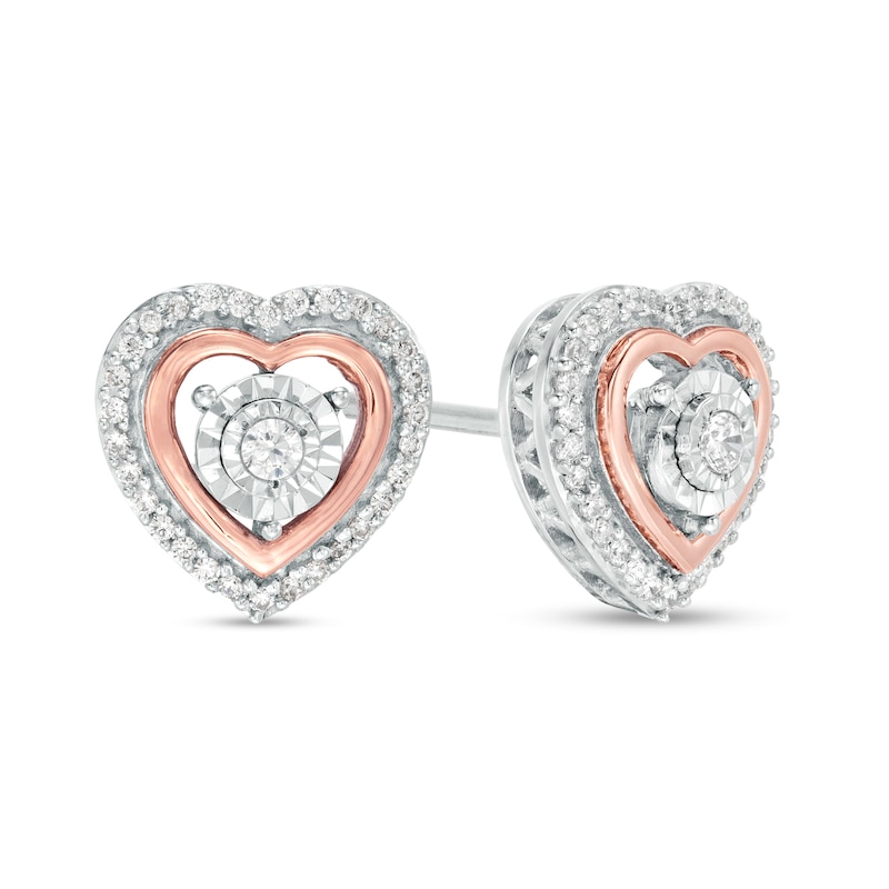 Main Image 1 of 1/6 CT. T.W. Diamond Heart Stud Earrings in Sterling Silver and 10K Rose Gold