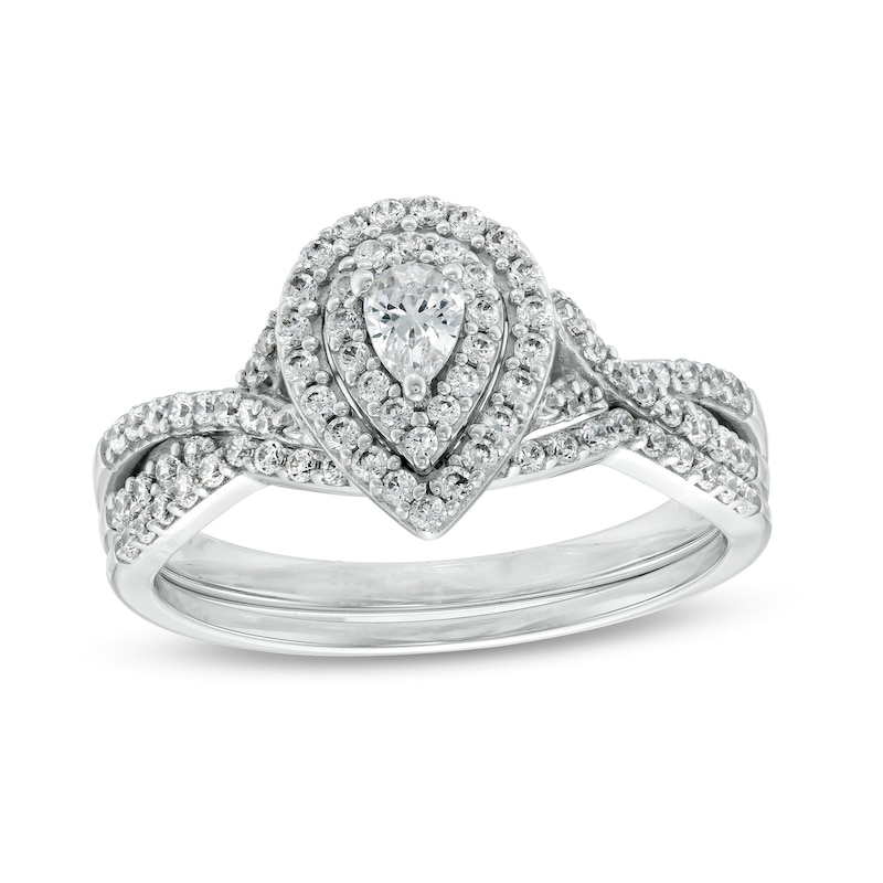 5/8 CT. T.W. Pear-Shaped Diamond Double Frame Twist Shank Bridal Set in 10K White Gold