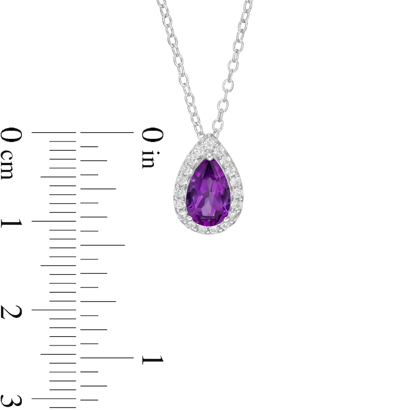 Main Image 4 of Pear-Shaped Amethyst and White Lab-Created Sapphire Frame Pendant and Stud Earrings Set in Sterling Silver