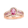 Thumbnail Image 0 of Oval Pink Sapphire and 1/4 CT. T.W. Diamond Frame Triple Row Ring in 10K Rose Gold