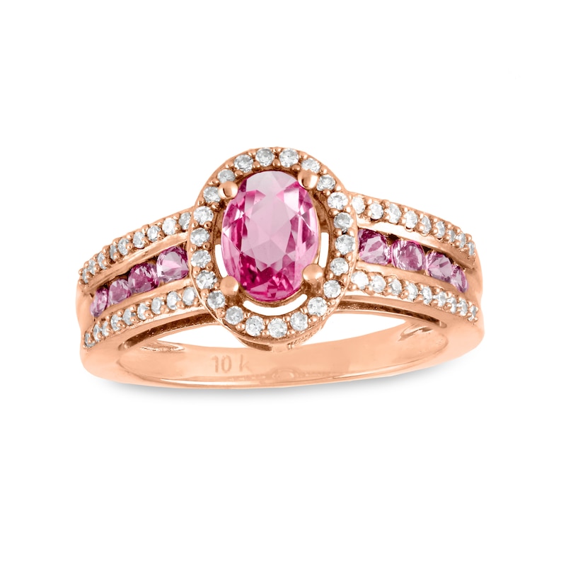 Oval Pink Sapphire and 1/4 CT. T.W. Diamond Frame Triple Row Ring in 10K Rose Gold