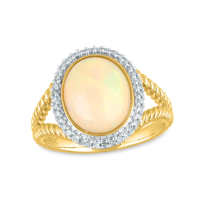 Oval Opal and 1/10 CT. T.W. Diamond Frame Rope-Textured Split Shank Ring in 14K Gold