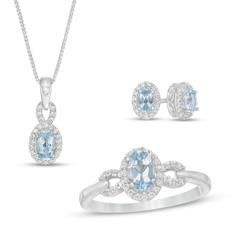 Main Image 1 of Oval Aquamarine and White Lab-Created Sapphire Frame Pendant, Stud Earrings and Ring Set in Sterling Silver - Size 7