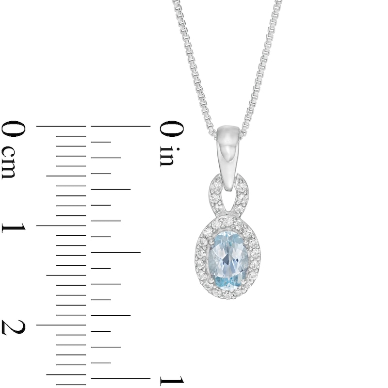 Main Image 4 of Oval Aquamarine and White Lab-Created Sapphire Frame Pendant, Stud Earrings and Ring Set in Sterling Silver - Size 7