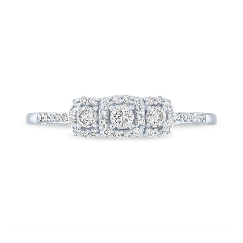 Main Image 3 of 1/4 CT. T.W. Diamond Three Stone Cushion Frame Promise Ring in 10K White Gold