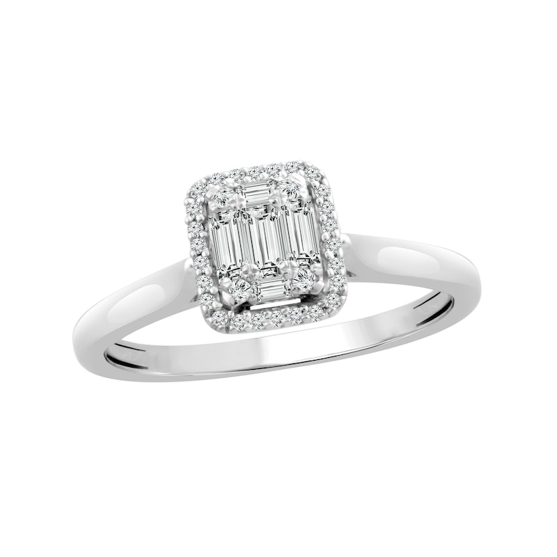 Main Image 1 of 1/4 CT. T.W. Baguette Composite Diamond Cushion Frame Engagement Ring in 10K White Gold